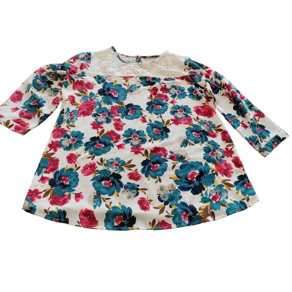 WOMAN'S VAN HAUSEN FLORAL AND LACE DRESS BLOUSE - SIZE LG. BLUE/GREEN RED